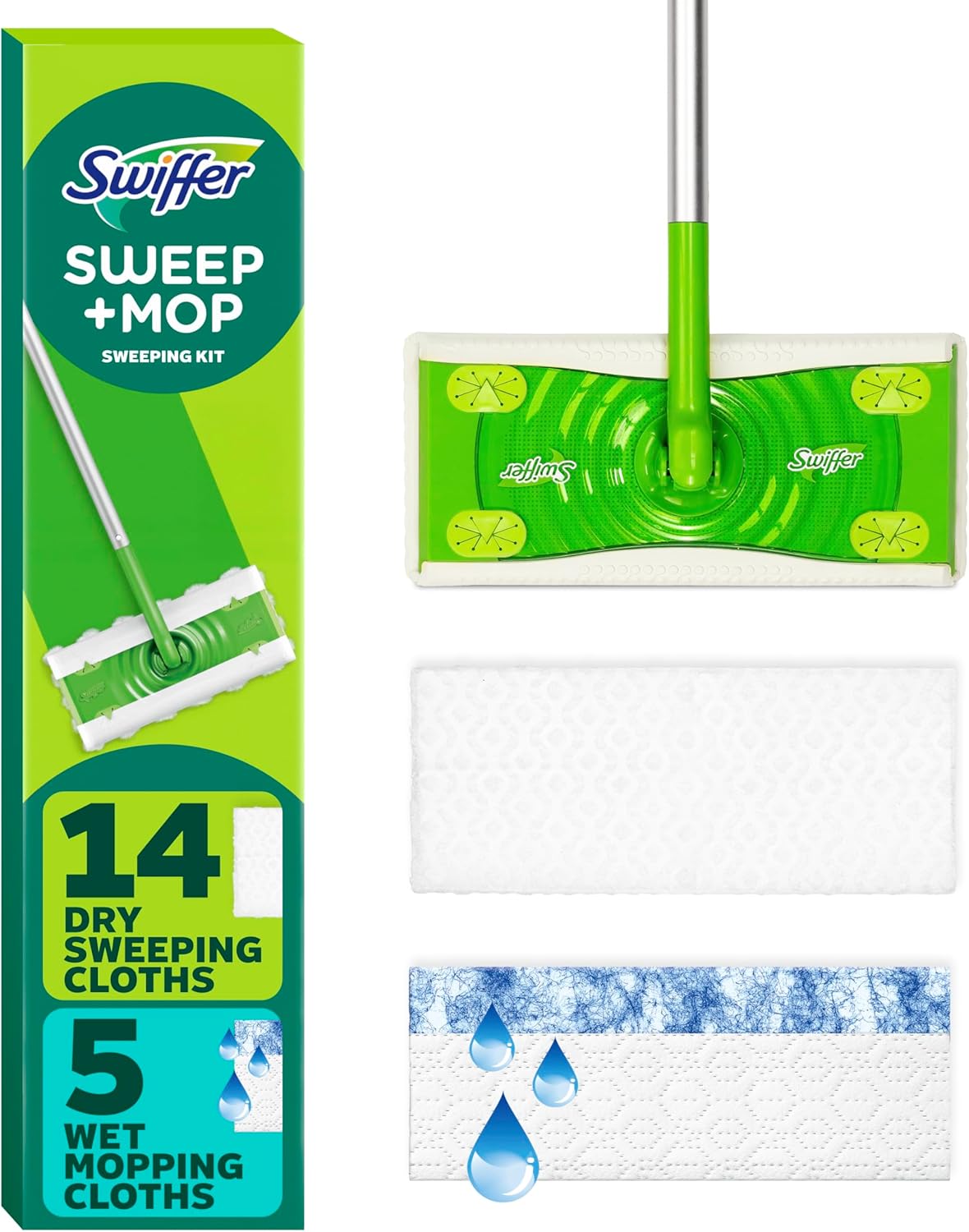 Swiffer Sweeper 2 In 1 Dry + Wet Floor Mopping And Sweeping Kit, Multi Surface Kit For Floor Cleaning, Kit Includes 1 Sweeper, 14 Dry Sweeping Cloths, 5 Wet Mopping Cloths